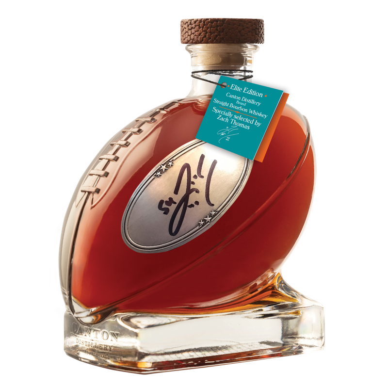 Elite Edition Canton Distillery (Brand) Straight Bourbon Whiskey - Football decanter hand signed by Zach Thomas